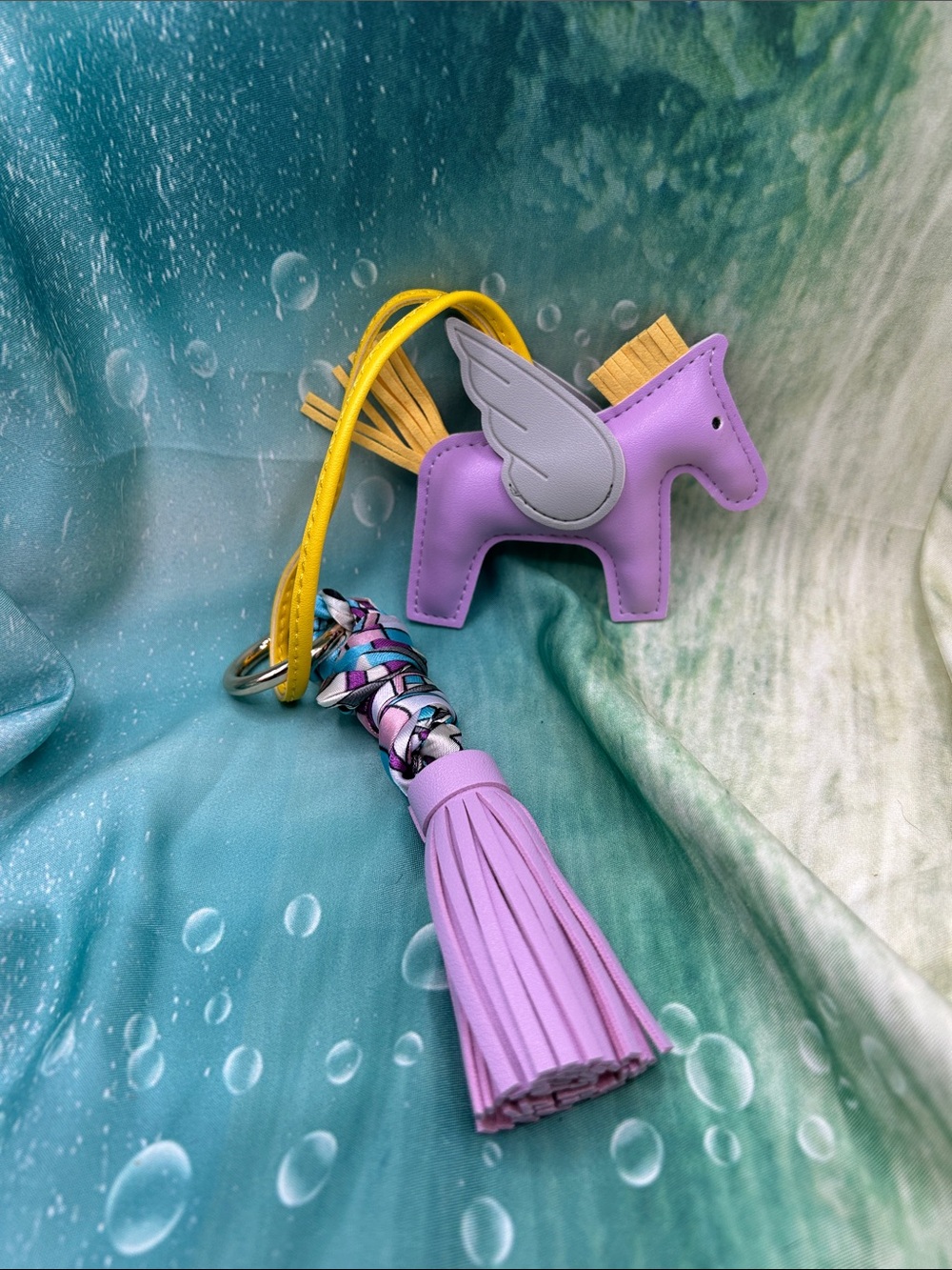 Pegasus Horse Purse Charm- Purple, Yellow, Gray W Tassel & Colorful Scarf Wrap